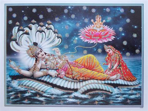 LORD VISHNU Resting On Sheshnaag With Lakshmi Brahma Glitter POSTER