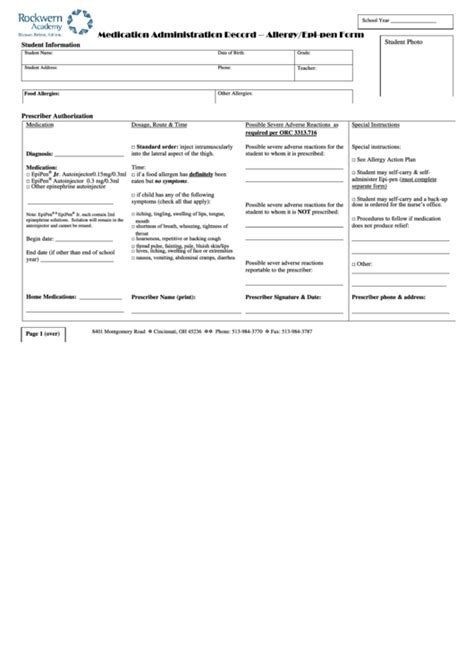 Medication Administration Record Allergy Epi Pen Form Printable Pdf