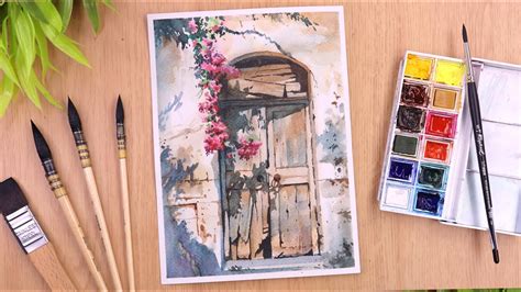 Watercolor Painting Beautiful Flower Tree And Old Door Step By Step