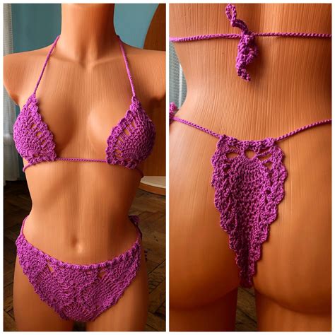 Sexy Crochet Bikini Set Pieces Knitted Swimsuit With Thong Bottoms Etsy