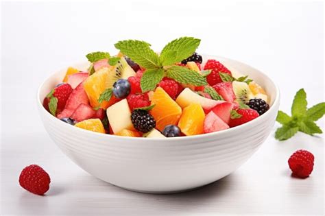 Ensalada De Fruta Fresca Con Hojas De Menta Sobre Fondo Blanco Foto