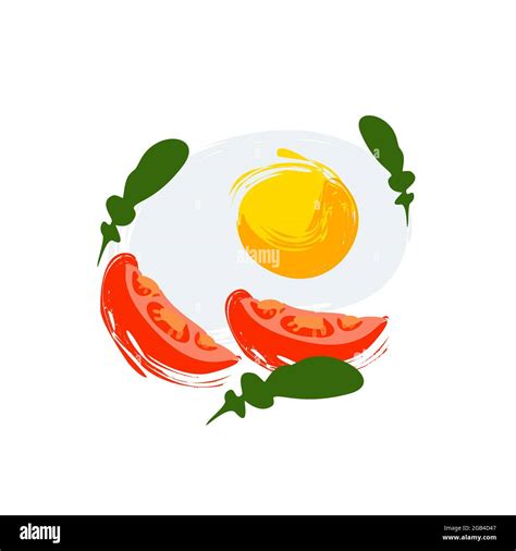 scrambled eggs illustration  tomatoes  arugula isolated  white