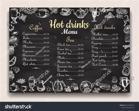 Cafe Restaurant Hot Drinks Menu List On Chalkboard Vector Template Hand Drawn Tea Coffee