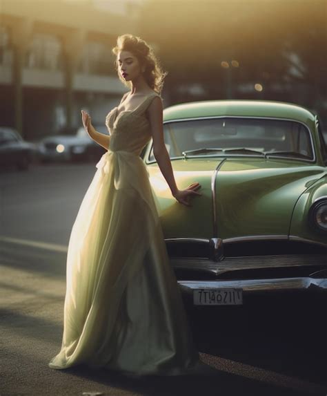 Premium AI Image | a woman in a long dress stands in front of a vintage car.