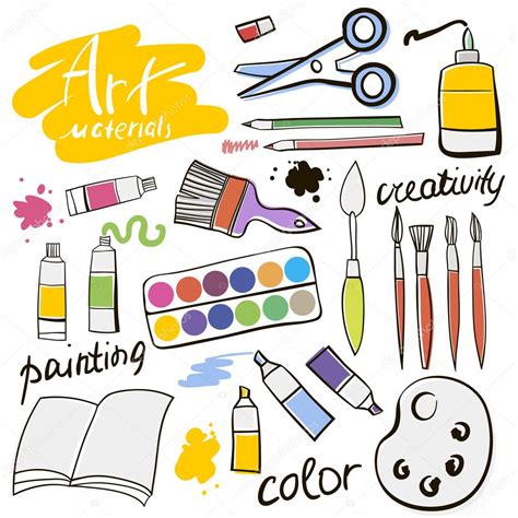 Doodle Colored Art Materials Collection Hand Drawn Art Icons Set