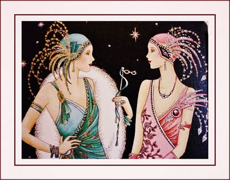 Vintage 1920s Duo Flapper Girl Fashion Roaring 20s Style Wall Art Flapper Dress And Headdress On