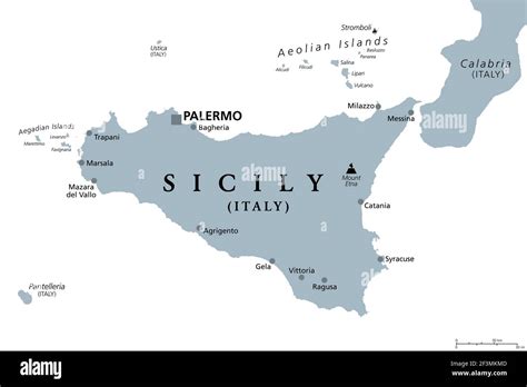 Sicily Autonomous Region Of Italy Gray Political Map With Capital