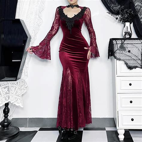 Roncen Women's Solid Dark Lace Mermaid Long Sleeve Dress - Fashionable