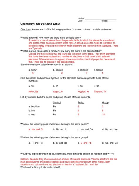 Periodic Table Trends Worksheet Answers Pdf Periodic Table