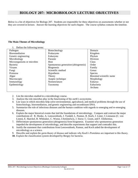 PDF BIOLOGY 207 MICROBIOLOGY LECTURE OBJECTIVES Science Course