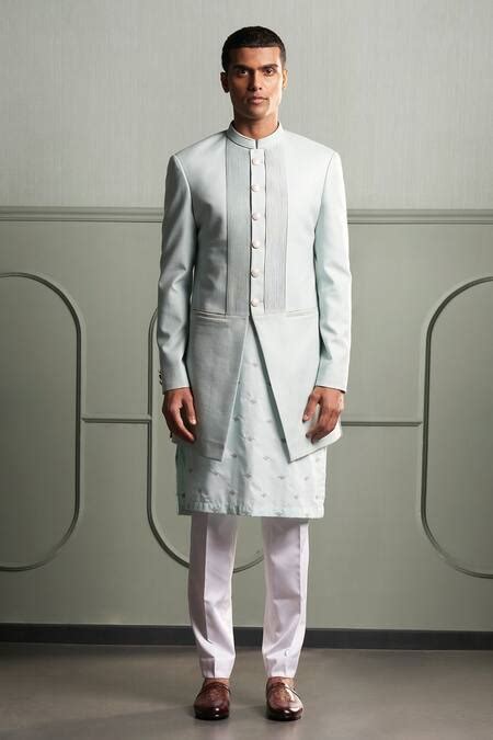 Buy Blue Sherwani Silk Viscose Pintuck And Kurta Set For Men By Qbik