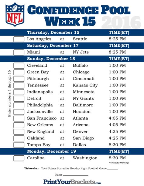 Nfl Week 15 Confidence Pool Sheet Printable