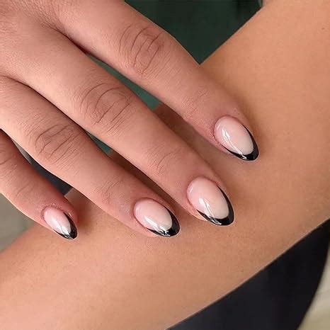 Amazon Short Press On Nails Almond Nude Fake Nails Black French Tip Acrylic False Nails