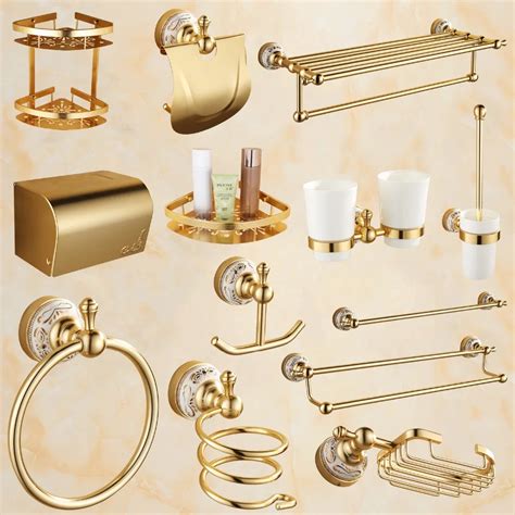 Antique Gold Bathroom Accessories Sets Aluminum Alloy Ceramic Flower ...