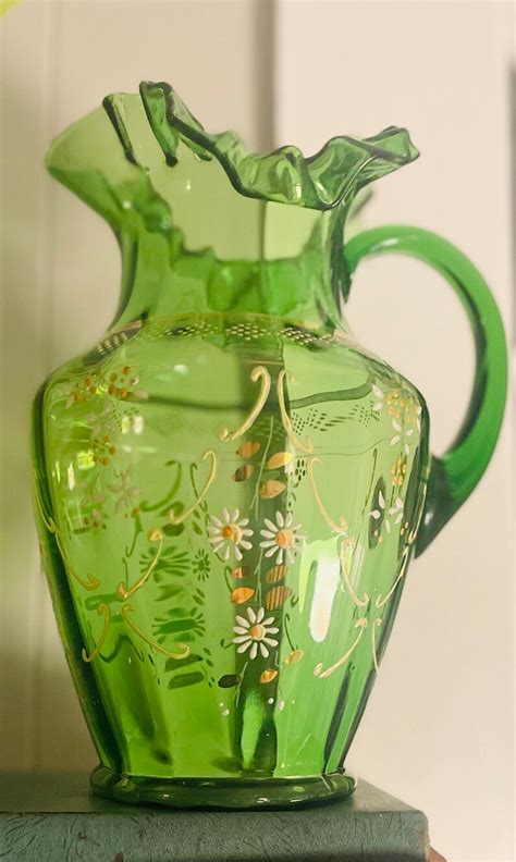 Green Hand Painted Depression Glass Ruffled Pitcher Floral Etsy