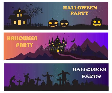 Vector Set Of Three Spooky Grunge Colorful Halloween Banners Stock