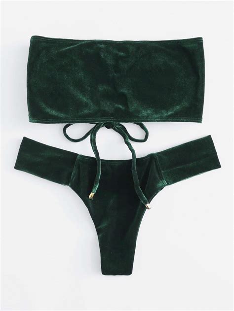 Lace Up Velvet Bandeau Bikini Set SheIn Sheinside