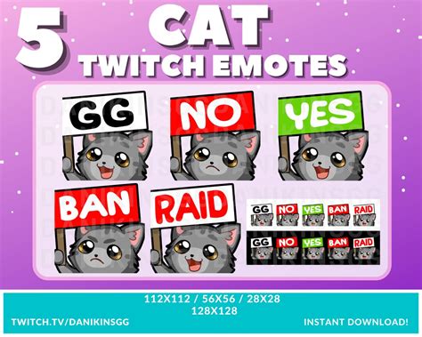 5 Cute Cat Twitch Emotes Grey Emote Pack Kitty Cat Kitten Ban Gg Raid Yes No Etsy Uk