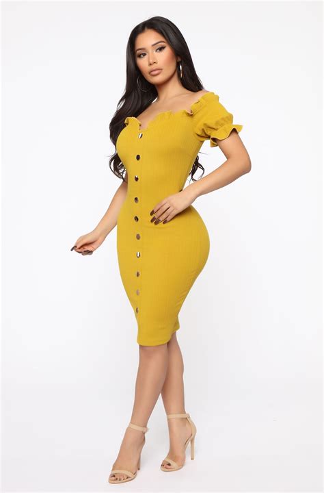 Bailey Button Front Midi Dress Mustard Fashion Nova