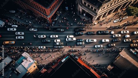 Aerial Panoramic View Of A Bustling City Street With Lots Of People And