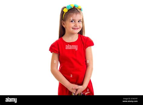 Little Girl In Red Dress At White Background Stock Photo Alamy