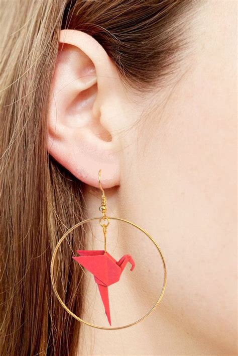 Boucles d oreilles créoles anneau doré flamand rose origami originales