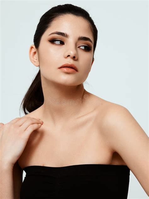 Beautiful Brunette Naked Shoulders Black Dress Evening Makeup Stock Photo Image Of Face