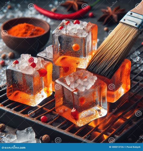 Photo of Grilled Transparent Ice Cubes on Grill with Spicy Souce on ...