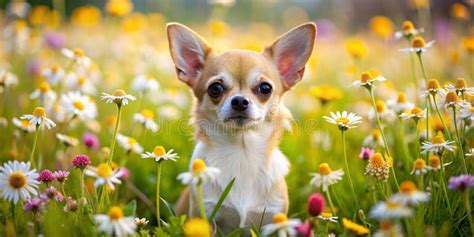 A Cute Chihuahua Surrounded By A Field Of Flowers Ai Generative Stock