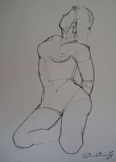 ORIGINAL LIFE DRAWING Nude Female Model Kneeling Hands Behind Back In