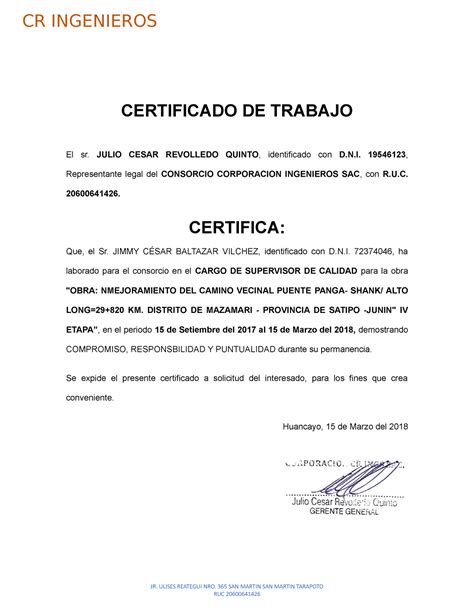 Certificado Saneamiento Arturo Cr Ingenieros Certificado De Trabajo