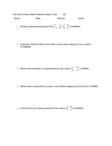 As Further Maths Matrices Basics Test Teaching Resources