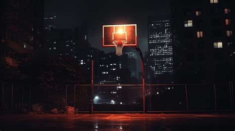 Premium Ai Image Glowing Basketball Hoop In Dark Cityscape Competition