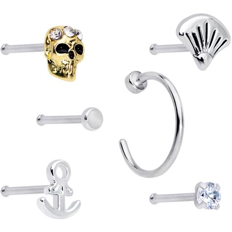 Body Candy Womens 6Pc 20G Nose Bone Steel Nautical Skull Nose Ring Nose ...