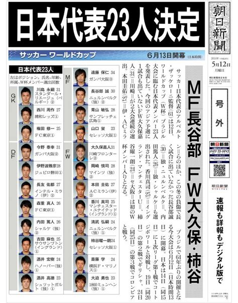 サッカーw杯、日本代表23人決定（5月12日） 号外：朝日新聞デジタル