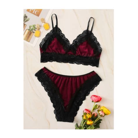 Eugris Lace Trim Velvet Lingerie Set S