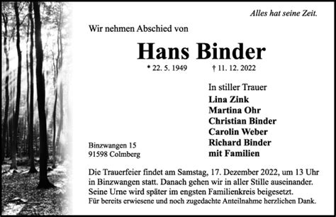 Traueranzeigen Von Hans Binder Trauer Flz De