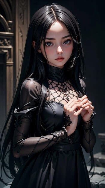 Premium Photo Beautiful Anime Girl With Long Silky Black Hair And Black Dress Dark Fantasy Art