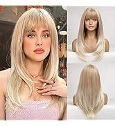 Amazon Haircube Long Blonde Wigs For Women Straight Synthetic Layered Wig With Bangs And