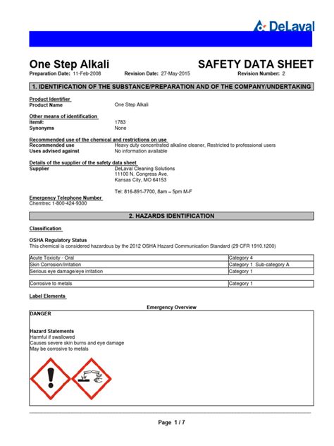 One Step Alkali 1783 Sds Pdf Personal Protective Equipment Toxicity