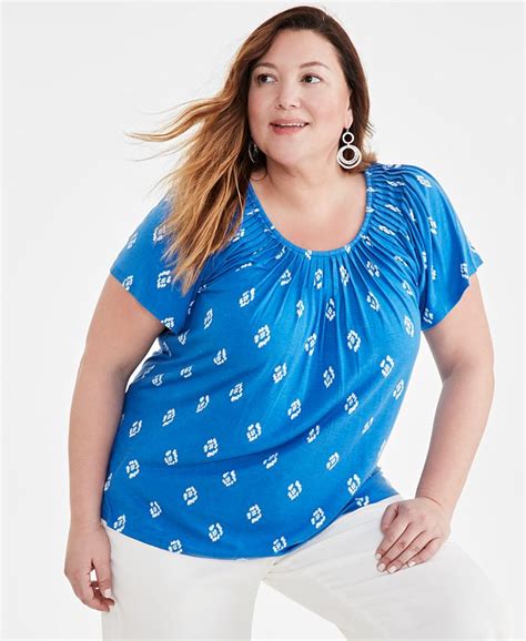 Style And Co Plus Size Printed Pleat Neck Flutter Sleeve Top Created For