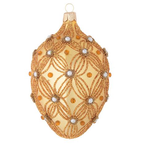 Oval Christmas Bauble In Gold Blown Glass With Decorations In Relief