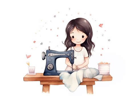 Watercolor Illustration of of Cute Young Girl Sewing Stock Illustration - Illustration of sewing ...