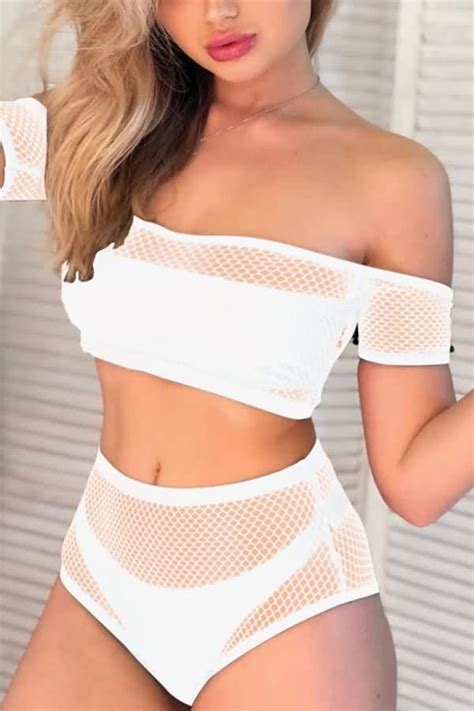 White Mesh Hollow Out Off Shoulder Bandeau High Waist Sexy Bikini