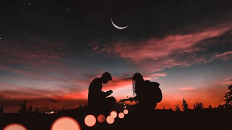 Man And Woman Sitting Together Under Red Night Sky Moon Guitar Romance Flower Hd Wallpaper