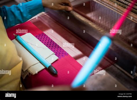 Traditional Silk Weaving On A Hand Loom In Siem Reap Cambodia Stock