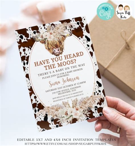 Printable Boho Floral Highland Cow Baby Baby Shower Invite, Editable ...