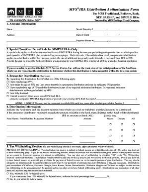 Fillable Online MFS IRA Distribution Authorization Form Fax Email Print