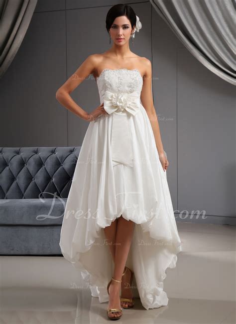 A Line Princess Strapless Asymmetrical Taffeta Wedding Dress With Lace