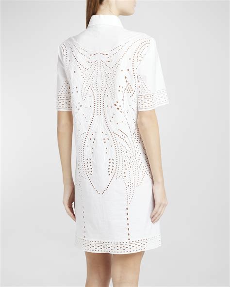 Alberta Ferretti Eyelet Embroidered Short Sleeve Mini Shirtdress